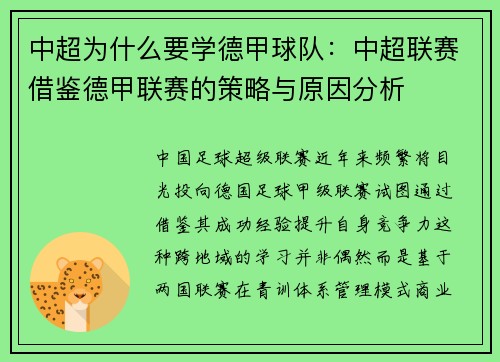 中超为什么要学德甲球队：中超联赛借鉴德甲联赛的策略与原因分析