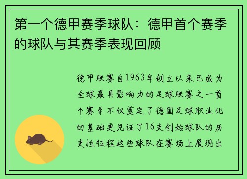 第一个德甲赛季球队：德甲首个赛季的球队与其赛季表现回顾